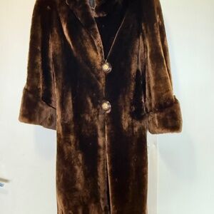 Vintage Hudson’s Bay sheared Mouton fur coat, long brown real fur 1960s to 70s